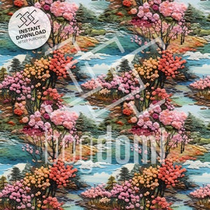seamless pattern, spring, bloom, soft colors, water, handcraft, intricate, 3D, trees in spring, spring landscape, handcraft, template