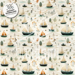 seamless pattern, embroidery, ships, soft colors, handcraft, intricate, 3D, symmetry, naval, handcraft, template, ocean, water, waves, PNG