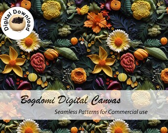 Embroidery Seamless File, Flowers  Embroidery seamless, Cottage Core boho seamless, Floral embroidery seamless pattern, black background