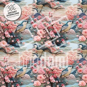 seamless pattern, spring, bloom, soft colors, water, handcraft, intricate, 3D, trees in spring, spring landscape, handcraft, template