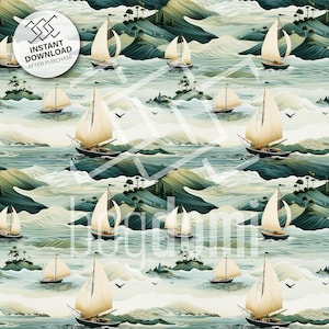 seamless pattern, embroidery, ships, soft colors, handcraft, intricate, 3D, symmetry, naval, handcraft, template, ocean, water, waves, PNG