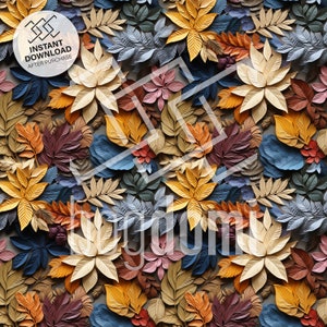 Puede incluir: Un patrón sin costuras que presenta una variedad de hojas coloridas en tonos de azul, marrón, amarillo, naranja y rosa. Las hojas están dispuestas en un patrón aleatorio y parecen estar hechas de papel o tela.
