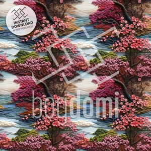 seamless pattern, spring, bloom, soft colors, water, handcraft, intricate, 3D, trees in spring, spring landscape, handcraft, template