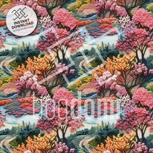 seamless pattern, spring, bloom, soft colors, water, handcraft, intricate, 3D, trees in spring, spring landscape, handcraft, template