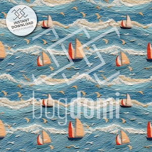 seamless pattern, embroidery, ships, soft colors, handcraft, intricate, 3D, symmetry, naval, handcraft, template, ocean, water, waves, PNG