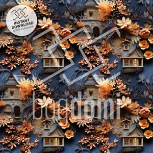 Seamless pattern, Autumn stitching  Seamless, Pumpkin, Halloween, scary, candles, Fall, Quilt, ghosts, witch hut, forrest