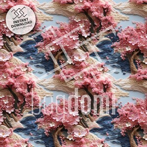 seamless pattern, spring, bloom, soft colors, water, handcraft, intricate, 3D, trees in spring, spring landscape, handcraft, template