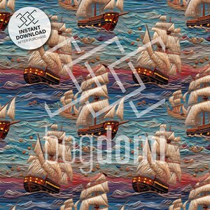seamless pattern, embroidery, ships, bright colors, handcraft, intricate, 3D, symmetry, naval, handcraft, template, ocean, water, waves
