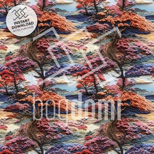 seamless pattern, spring, bloom, soft colors, water, handcraft, intricate, 3D, trees in spring, spring landscape, handcraft, template