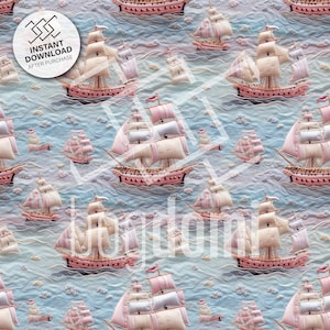 seamless pattern, embroidery, ships, pastel colors, handcraft, intricate, 3D, symmetry, naval, handcraft, template, ocean, water, waves
