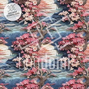 seamless pattern, spring, bloom, soft colors, water, handcraft, intricate, 3D, trees in spring, spring landscape, handcraft, template