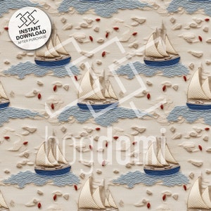 seamless pattern, embroidery, ships, soft colors, handcraft, intricate, 3D, symmetry, naval, handcraft, template, ocean, water, waves, PNG
