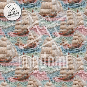 seamless pattern, embroidery, ships, pastel colors, handcraft, intricate, 3D, symmetry, naval, handcraft, template, ocean, water, waves