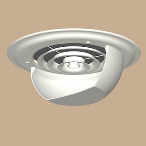 May include: A white, circular air vent with a series of concentric rings and a curved, semi-spherical lower section. The vent is designed for ceiling installation and has a clean, modern aesthetic.