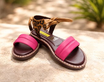 Handmade Pink Leather Sandals for Women – Leopard Print Flat Sandals – Comfortable Boho Summer Shoes – Colombian Artisan