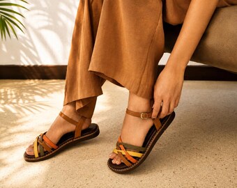 Handmade Multi-Colored Leather Sandals for Women – Colombian Artisan Sandals – Boho Chic Strappy Flat Sandals – Summer Fashion Shoes