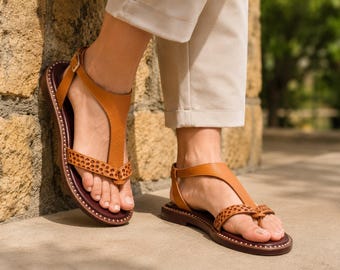Handmade Brown Leather Sandals for Women – T-Strap Toe Ring Flats – Colombian Artisan Boho Summer Shoes