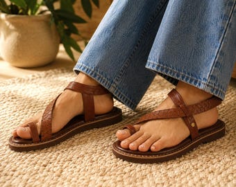 Handmade Brown Leather Toe Ring Sandals for Women | Woven Strappy Flat Sandals | Resort Vacation Shoes