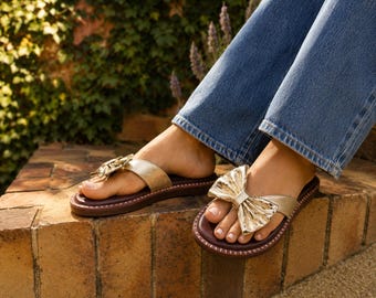 Handmade Gold Leather Flip Flops for Women – Colombian Artisan Sandals – Comfortable Summer Shoes – Boho Chic Beach Sandals – Monakosa