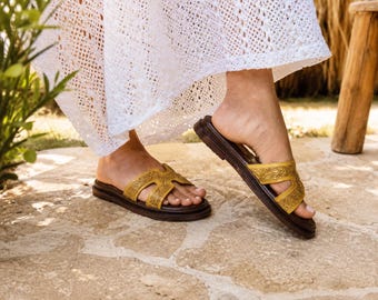 Handmade Mustard Leather Slide Sandals for Women | Elegant Summer Sandals | Resort Vacation Flat Sandals