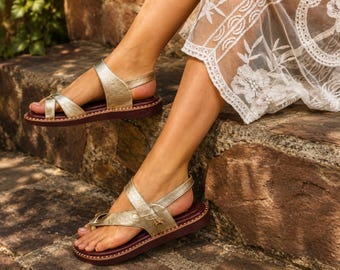 Handmade Leather Sandals for Women – Colombian Artisan Sandals – Metallic Gold Boho Sandals – Comfortable Summer Shoes – Monakosa