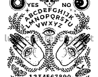 May include: Black and white illustration of a Ouija board with a skull, a sun, and a crescent moon. The board features the alphabet, numbers 1-9 and 0, and the words "YES" and "NO".