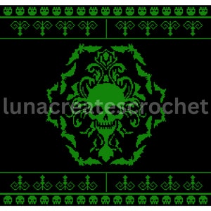May include: Green skull with a floral design and bats around it on a black background. The design is pixelated, like a knitted pattern.
