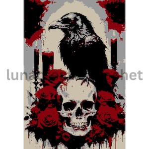 May include: A black raven perched on a human skull with red roses and candles. The skull is surrounded by thorns and the background is a dark gray with red accents.