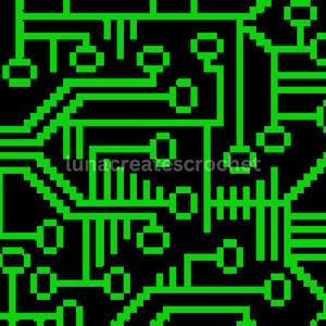 May include: A seamless pattern of green circuit board designs on a black background. The design is made up of lines, squares, and circles.