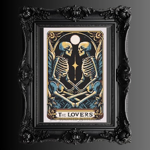 The Lovers tarotkaart skeletten kruissteekpatroon, borduurpatroon, borduurpatroon, Griekse mythologiekunst