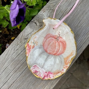 Beautiful Pumpkin Oyster Shell Ornament | Decoupaged Oyster Shell | Oyster Art | Pumpkin