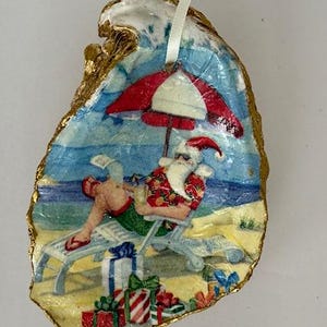 Festive Santa on the Beach Ornament Oyster Shell | Decoupaged Oyster Shell Art