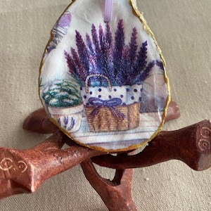 Basket of Lavender Oyster Shell Ornament | Decoupaged Oyster Shell | Oyster Art