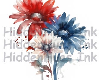 Red, White and Blue Flowers Clipart-Patriotic Clipart-Printable Watercolor Clipart-High Quality PNGs-Digital Download-Paper Craft-Journaling