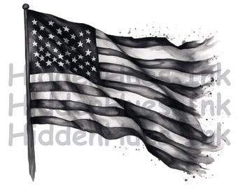 Black and White American Flag Clipart-Watercolor Flag-Printable Watercolor Clipart-Quality PNGs-Digital Download-Paper Craft-Junk Journals