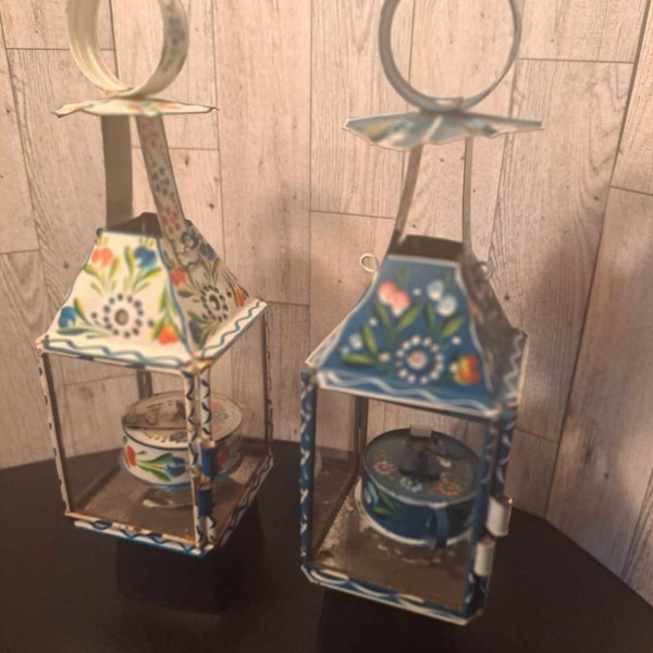 Pair of Hand Painted Tin Oil Lanterns, Vintage Folk Art Made in Portugal, Floral Painted Toleware Lamp, White & Blue