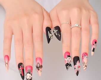Rosa Svarta Gotiska Stiletto Pressnaglar, 3D Charm Vampirecore Alt Set