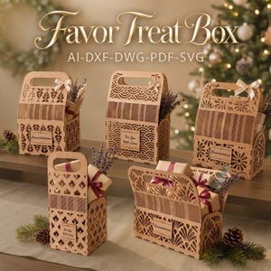 May include: Five light-colored wooden favor treat boxes with intricate laser-cut patterns and handles. The boxes feature small rectangular plaques with the text Congratulations or For You With Love. Each box contains wrapped gifts and dried lavender.