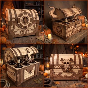 May include: A collection of four wooden treasure chests featuring nautical and pirate-themed designs. The chests are crafted from light and dark wood, displaying intricate carvings of skulls, anchors, ship wheels, and tentacles, with some holding glass bottles.