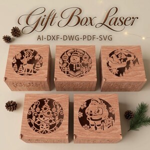 5-designade julklappsaskar i trä, laserskurna julklappsförpackningar (digital nedladdning)