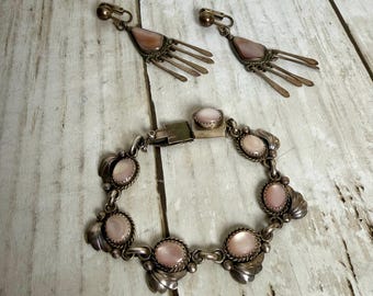 Navajo Silver and Mother of Pearl Small Bracelet and Earrings