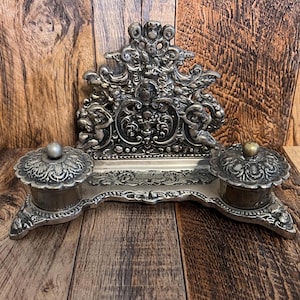 Silver Plated with Cherubs Double Inkwell and Letter Holder