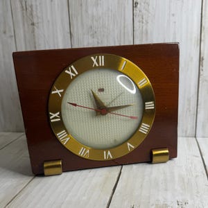 Telechron 7HB141M Electric Desk Alarm Clock in Mahogany and Brass