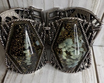Confetti Lucite Chunky Bracelet Gold & Blue on Black in Silver Tone Metal