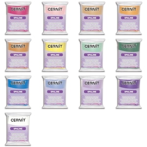 May include: A collection of thirteen rectangular packages of Cernit Opaline polymer clay in various colors. Each individual plastic wrapper features the brand name Cernit, the product line Opaline, and descriptive text in multiple languages.