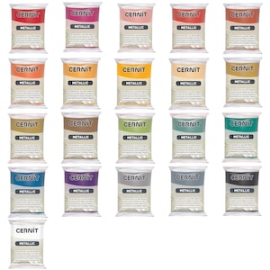 May include: A collection of twenty-one individual rectangular packages of Cernit Metallic polymer clay, each featuring a distinct solid color including red, pink, orange, yellow, green, blue, purple, gray, black, and white, all labeled with the brand name.
