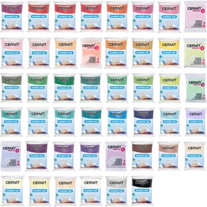 May include: A collection of forty-eight rectangular packets of Cernit Number One polymer clay in a wide variety of solid colours. Each individual plastic wrapper features the brand name Cernit and the text Number One printed on the front.