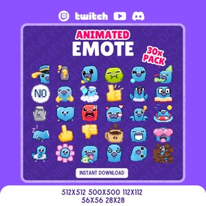 May include: A purple graphic featuring a collection of 30 animated emotes in a pixelated style. The emotes are various blue creatures with different expressions and accessories. Text includes "ANIMATED EMOTE" and "INSTANT DOWNLOAD".