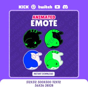 Könnte beinhalten: Eine lila Grafik mit vier animierten Katzen-Emotes in Schwarz, Grün, Blau und Weiß. Der Text "ANIMATED EMOTE" wird in Weiß und Rot angezeigt. Das Bild enthält auch den Text "KICK", "twitch" und "INSTANT DOWNLOAD".
