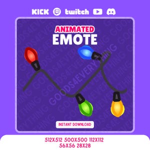Könnte beinhalten: Ein lila Grafik mit dem Text "ANIMATED EMOTE" und einer Lichterkette mit vier farbigen Glühbirnen. Das Bild enthält auch Social-Media-Symbole und die Worte "INSTANT DOWNLOAD".